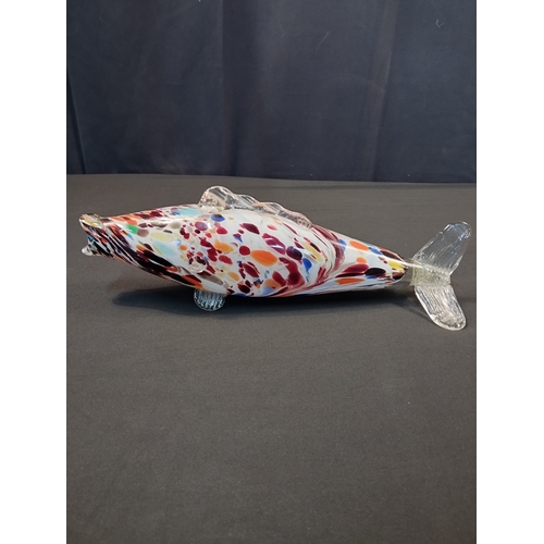 14 - A Large Murano Glass Fish Multicoloured on White. Approx 35cm Length