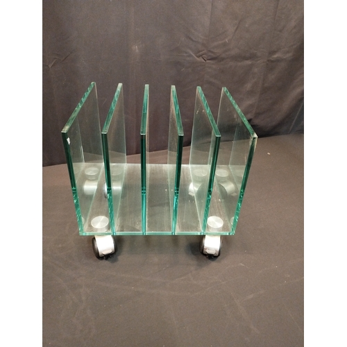 19 - Rare Post Modern Green Apple Glass Magazine Rack on Wheels. 10mm Glass. 36W x 30D x 34H cm.