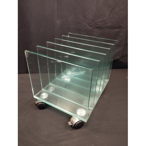 19 - Rare Post Modern Green Apple Glass Magazine Rack on Wheels. 10mm Glass. 36W x 30D x 34H cm.