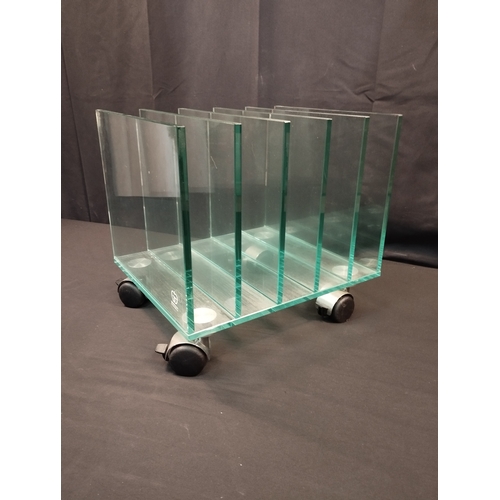 19 - Rare Post Modern Green Apple Glass Magazine Rack on Wheels. 10mm Glass. 36W x 30D x 34H cm.