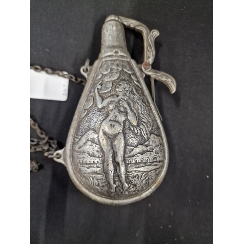 21 - Vintage Pewter powder bottle for a rifle. Lady to one side and Zues to the other. Complete with chai... 