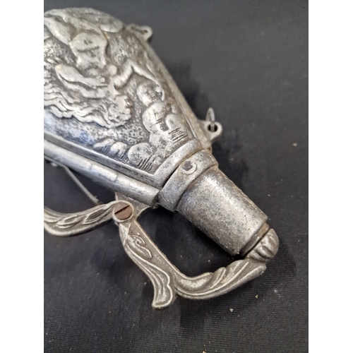 21 - Vintage Pewter powder bottle for a rifle. Lady to one side and Zues to the other. Complete with chai... 