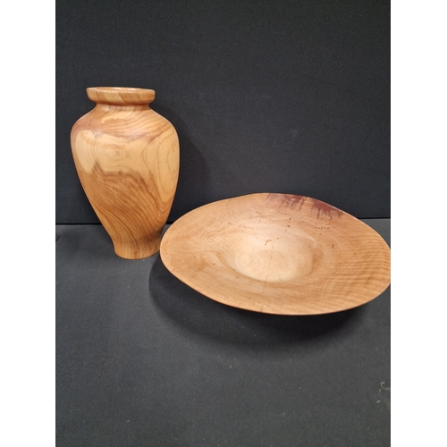 63 - Hand turned vintage (1999 & 2002) Arbutus and Juniper wood vase (25cm H) and fruit bowl approximatel... 