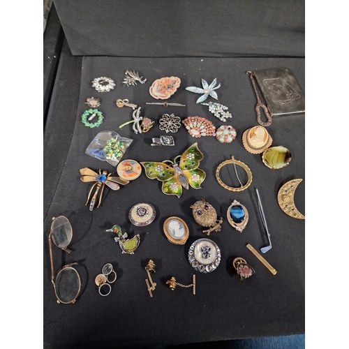 113 - A collection of mainly vintage brooches, tie clips and lapel clips and other vintage items