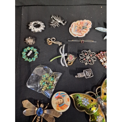 113 - A collection of mainly vintage brooches, tie clips and lapel clips and other vintage items