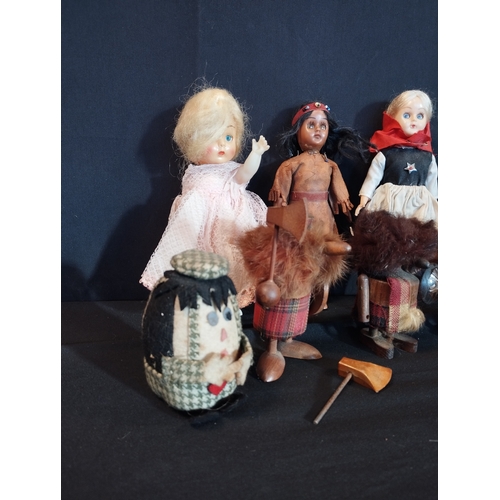 140 - Selection of Vintage Collectable Toy Dolls and Wooden Scottish Warrior Figures.