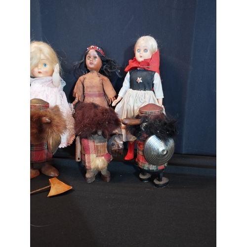 140 - Selection of Vintage Collectable Toy Dolls and Wooden Scottish Warrior Figures.