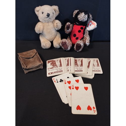 142 - Vintage Collectable Bugsy TY Bear with Friend and a Playing Card Set Advertising Oldham Batteries in... 