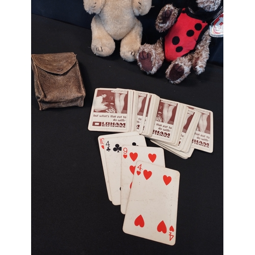 142 - Vintage Collectable Bugsy TY Bear with Friend and a Playing Card Set Advertising Oldham Batteries in... 