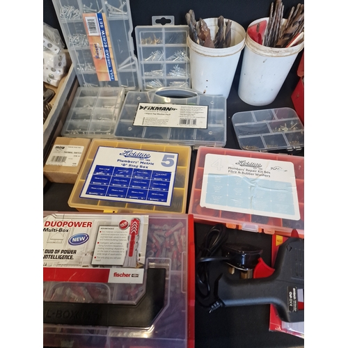 162 - A selection of hardware including duopower, fixman, hold titer, tools, hardware, drill bits and more