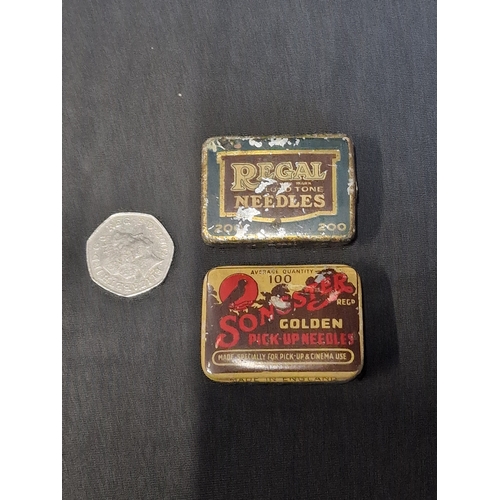 228 - Two vintage tape tins of gramophone needles by Regal and Songster.