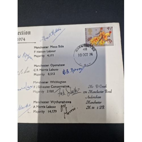 229 - Two first day stamps from October 1974 General Elction. With 8 signatures for the Mancheter area ele... 