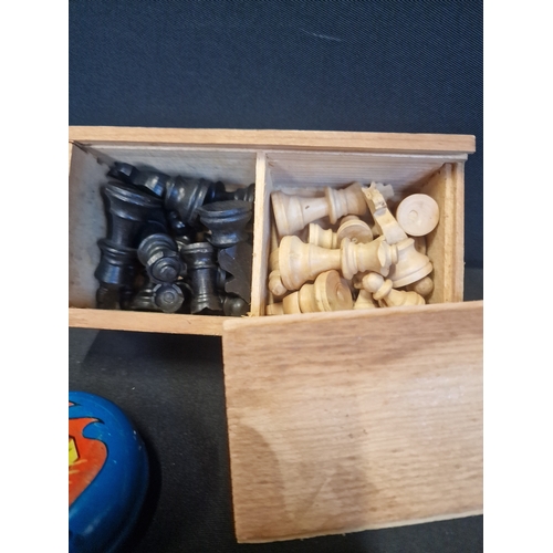 230 - A set of small wooden chest pieces and two vintage Yo-Yos.  Both by Lumar.