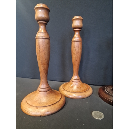 232 - Two pairs of oak candles. One with Barley twist design