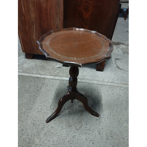 236 - Vintage Mahogany Leather Top Tripod Occasional Table