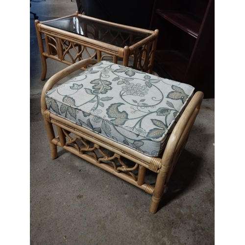 239 - Cane Glass Top Table and Footstool. Table Approx. 48H x 80W x 48D cm.