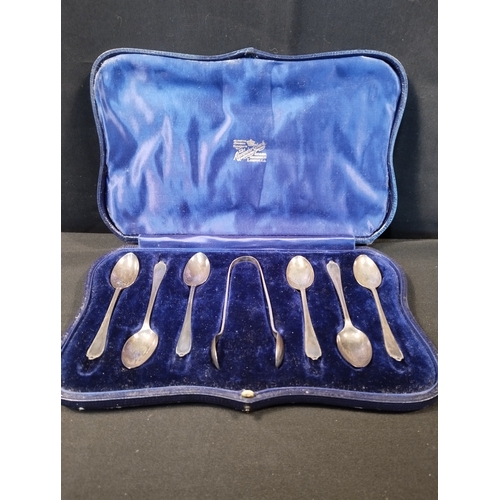 265 - Vintage 7pc hallmarked Silver Teaspoon and Sugar Tongs Set by Alexander Clark London. In Display Cas... 