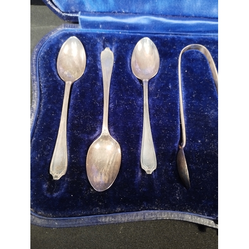 265 - Vintage 7pc hallmarked Silver Teaspoon and Sugar Tongs Set by Alexander Clark London. In Display Cas... 