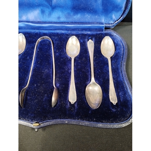 265 - Vintage 7pc hallmarked Silver Teaspoon and Sugar Tongs Set by Alexander Clark London. In Display Cas... 