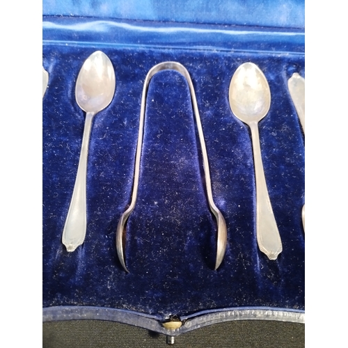 265 - Vintage 7pc hallmarked Silver Teaspoon and Sugar Tongs Set by Alexander Clark London. In Display Cas... 