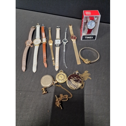 280 - A selection of ladies watches include Radley, Accurist, Sekonda and more. Also three pocket watches.