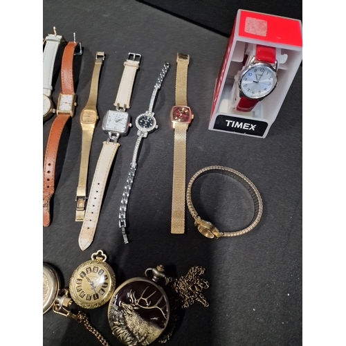 280 - A selection of ladies watches include Radley, Accurist, Sekonda and more. Also three pocket watches.