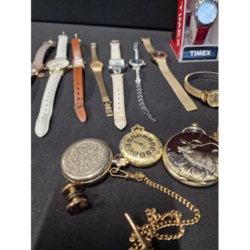 280 - A selection of ladies watches include Radley, Accurist, Sekonda and more. Also three pocket watches.