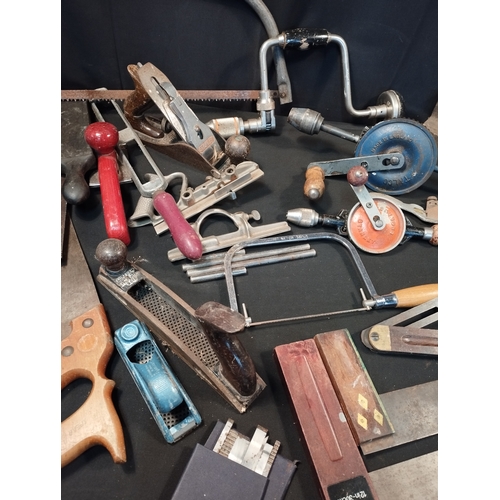 310 - Selection of Vintage Woodworking Tools inc Saws, Planes, Squares, Gauges and Bit and Brace.