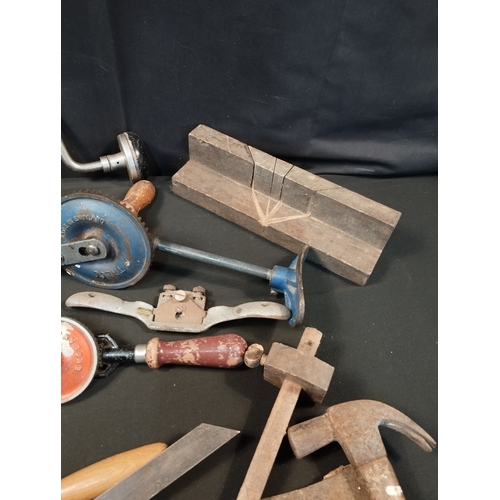 310 - Selection of Vintage Woodworking Tools inc Saws, Planes, Squares, Gauges and Bit and Brace.