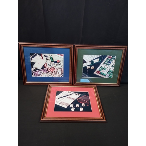 353 - Three Picture Frames with Pictures Depicting Board Games. Scrabble, Yahtzee and Monopoly. Approx. 40... 