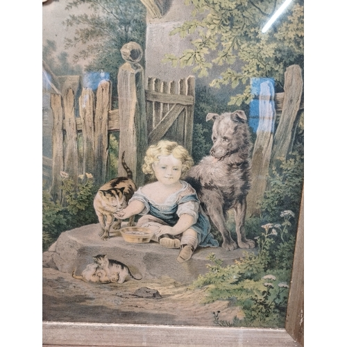 375 - Vintage Framed Print. Girl with Dog and Cats. Ornate Wooden Frame. Approx. 49 x 42cm