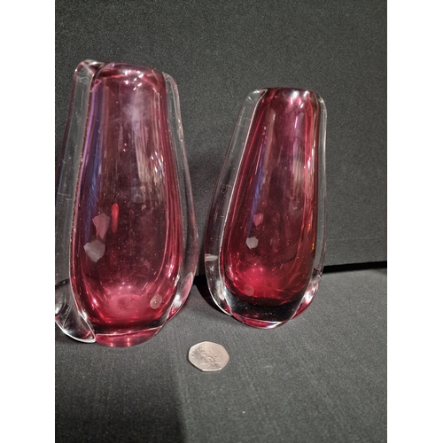 381 - Two Vintage murano Encased Glass Vase, Vivid pink to clear. Approximately 7 inches