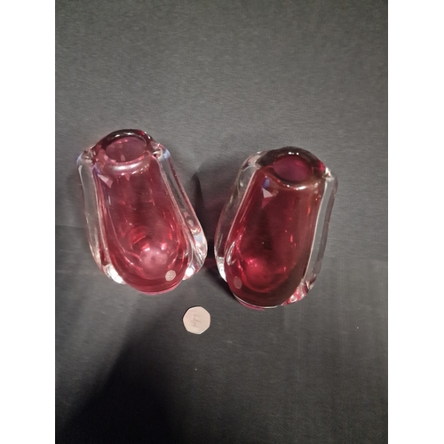 381 - Two Vintage murano Encased Glass Vase, Vivid pink to clear. Approximately 7 inches