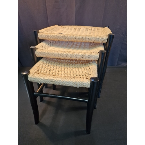 120 - Mid-Century Ebonised & Woven Nesting Stools, 1950s, Set of 3