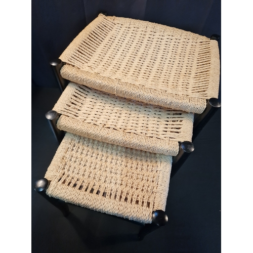 120 - Mid-Century Ebonised & Woven Nesting Stools, 1950s, Set of 3