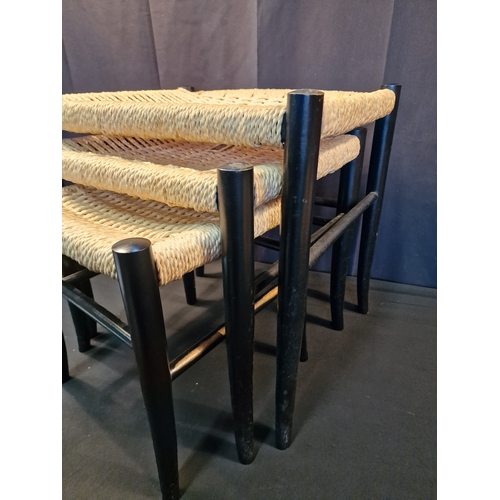 120 - Mid-Century Ebonised & Woven Nesting Stools, 1950s, Set of 3