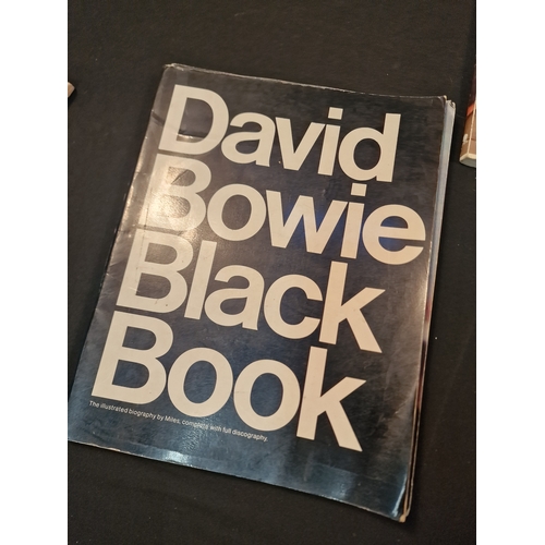 128 - A selection of music books.  Includes David Bowie Black book, David Bowie out of the cool, The Young... 