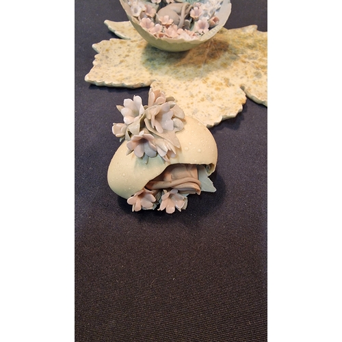 14 - Three pieces of handmade, two sleeping mice in a leaf ornaments and hand made stone ware leaf