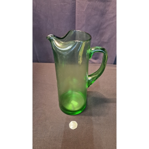 62 - Hand blown studio style glass green pitcher / jug and a leaf design Carlton ware dish