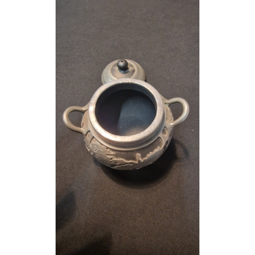 66 - CHINESE YIXING sugar bowl with black clay inset and pewter outer layer. Cr1900-1920