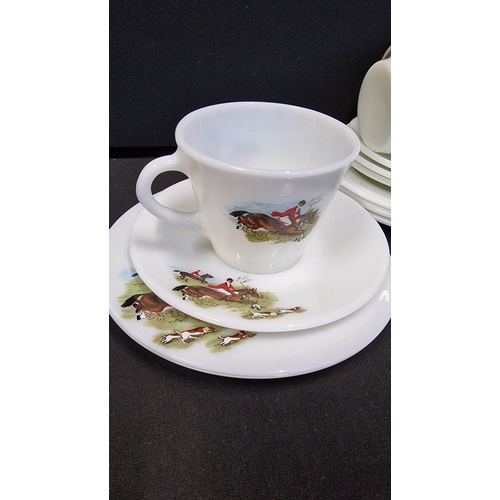 83 - Vintage pyrex jaj fox hunting pattern in milk glass.  Four side plates, sauces and cups.