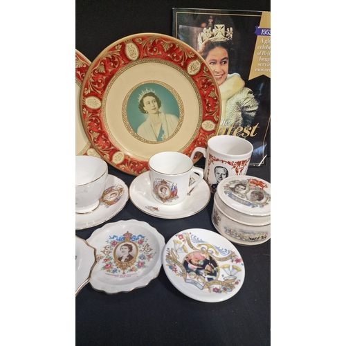 105 - A collection of royal memorabilia includes two Portland ware tin plates by The metal Box company and... 