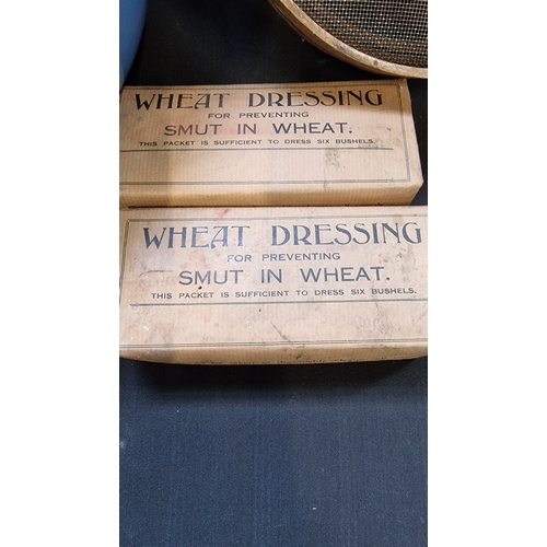 112 - A selection of vintage of items including two wheat dressings smut in wheat, sifter, and ceramic mix... 