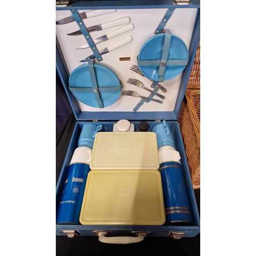 130 - 1960's vinatge complete picnic set in hard case by SIRRAM and a wicker picnic / storage basket