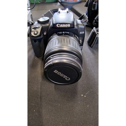 202 - A selection of camera equipment includes Canon EOS 400d with 18-55mm lense and Lumix Panasonic DMC-T... 