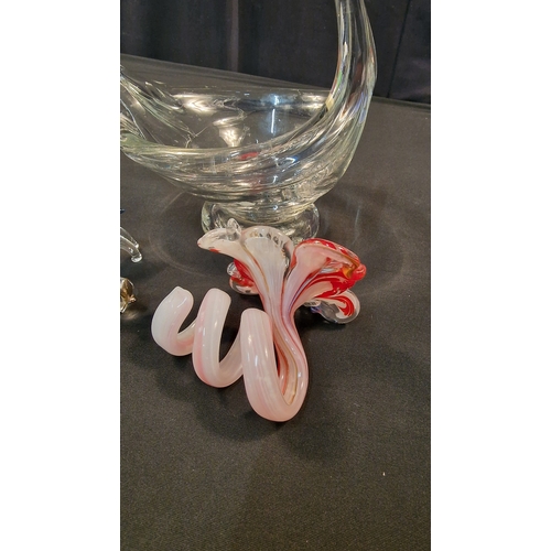 236 - A vintage murano blown glass flower, murano style Swan bowl and handmade penguin and elephant