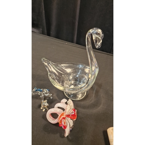 236 - A vintage murano blown glass flower, murano style Swan bowl and handmade penguin and elephant