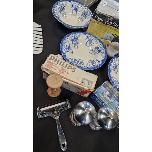 300 - A collection of vintage Home ware including Myott, paper log briquette maker? Phillips knife and sci... 