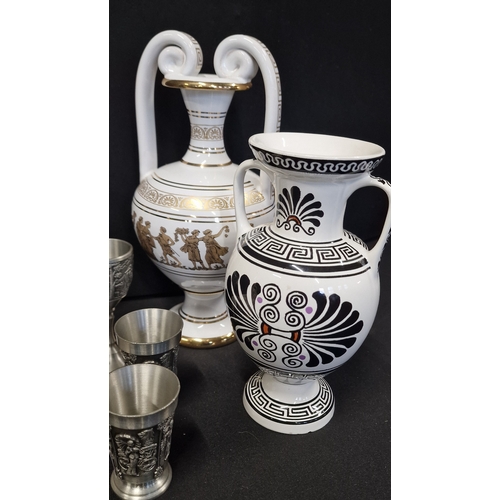 308 - A selection of Greek Tableware including an alabaster figurine, Pewter items and two Vases