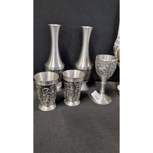 308 - A selection of Greek Tableware including an alabaster figurine, Pewter items and two Vases